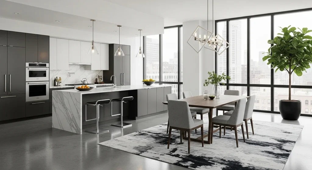 Seamless open kitchen connected with dining space in modern home layout