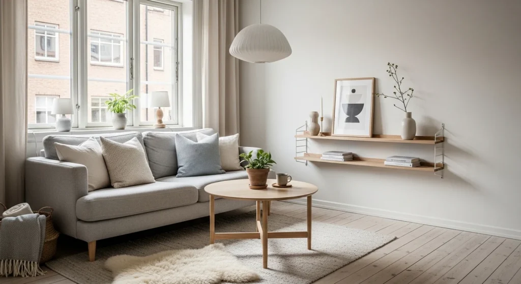 Cozy Nordic inspired apartment with light wood furniture and airy neutral decor