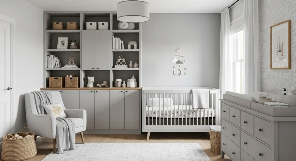 Modern nursery with built-in storage, organized shelves, functional crib setup, cozy 2026 baby room