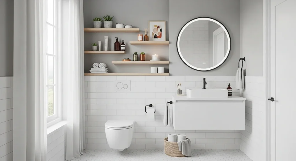 Small bathroom with floating wall shelves holding toiletries and decor, modern 2026 interior