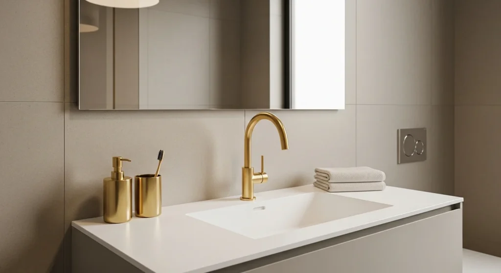 Modern bathroom sink featuring gold faucet and accessories for luxury look