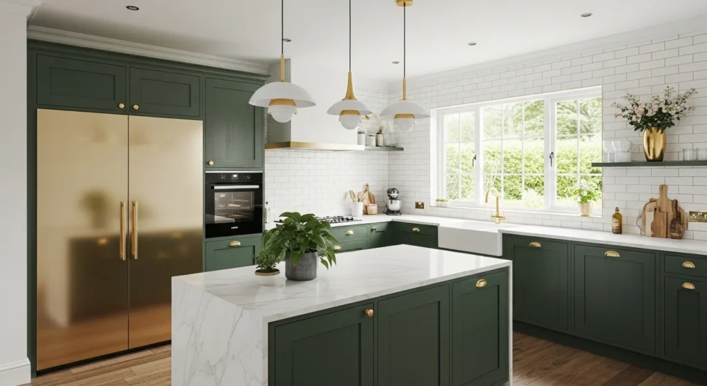 Green cabinets styled with gold handles and fixtures adding luxury contrast