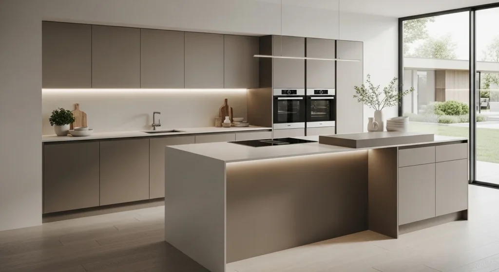 Modern kitchen with soft matte cabinets in neutral tones creating elegant 2026 aesthetic