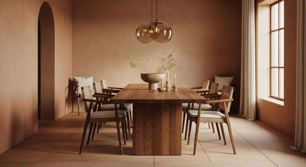 Dining room designed with earth-tone colors, wooden table, and calm natural atmosphere