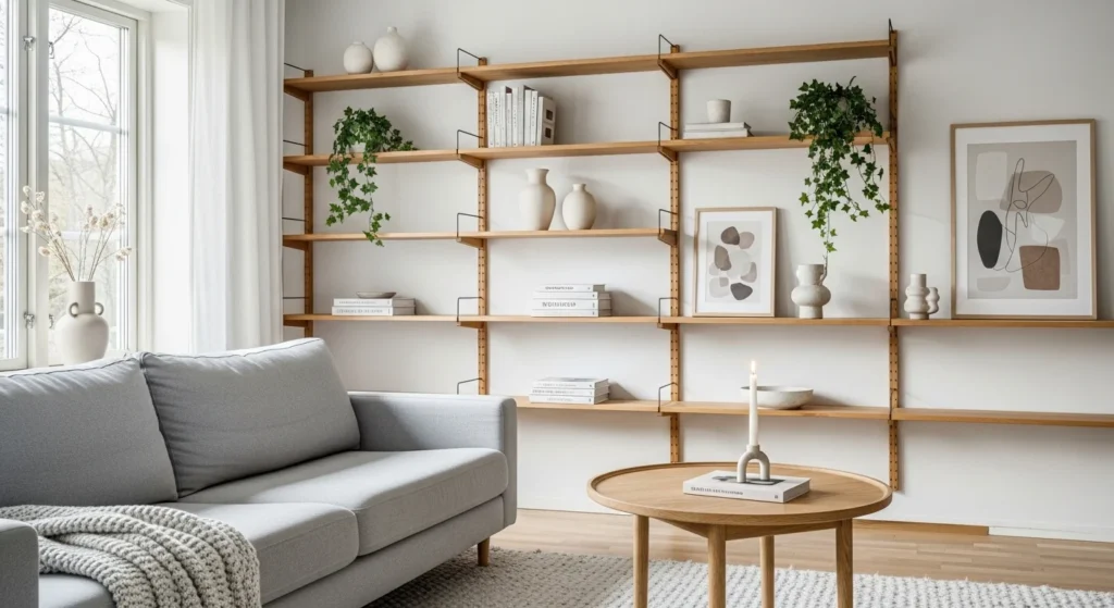 Nordic living room with wooden open shelves and minimalist decor styling