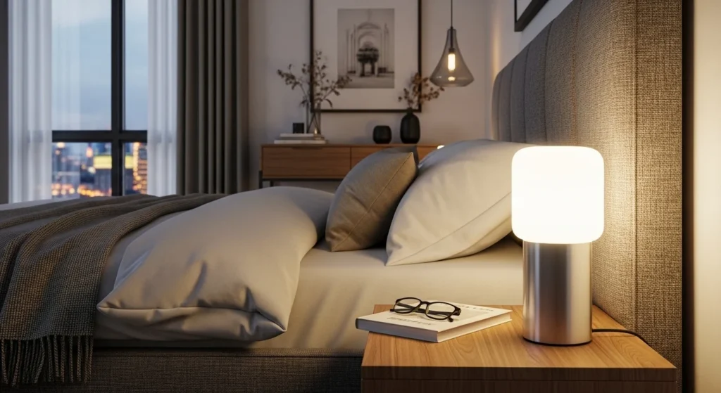 Soft LED strip lighting behind headboard creating cozy ambient bedroom glow