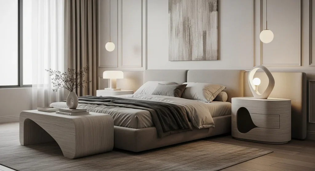 Stylish bedroom with statement bedside tables adding personality and modern detail