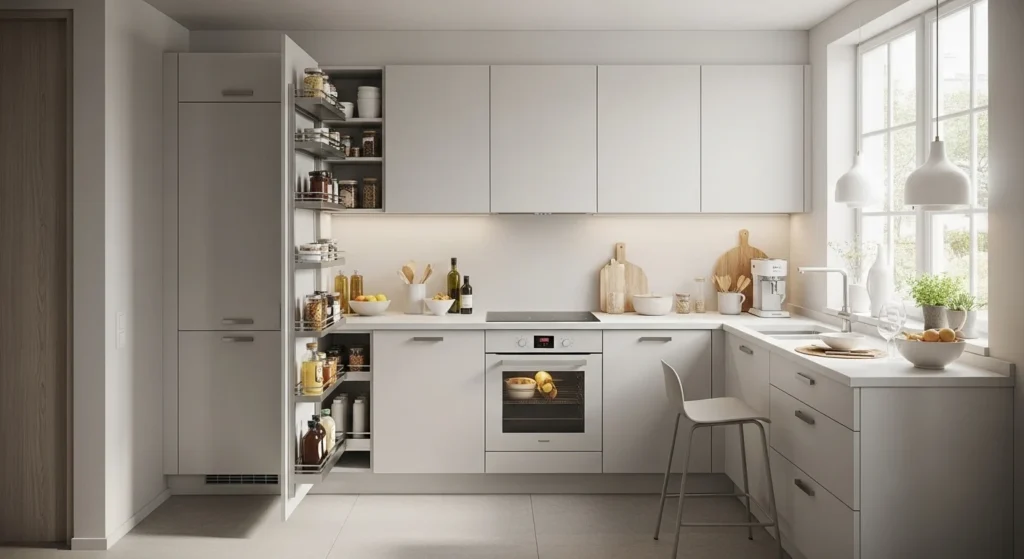 Small urban kitchen with smart storage solutions, tall light-colored cabinets, and reflective surfaces for efficient modern 2026 layout