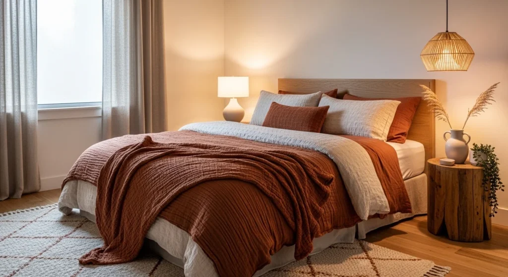 Master bedroom decorated with earthy tones like clay, olive, and sand, creating a warm natural feel