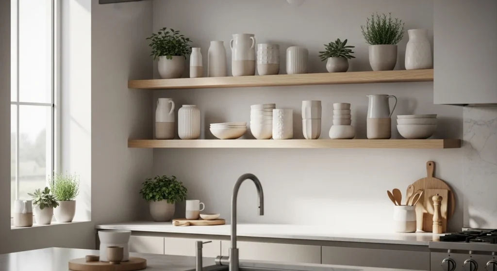 Modern kitchen featuring open shelves with decor and minimalist styling