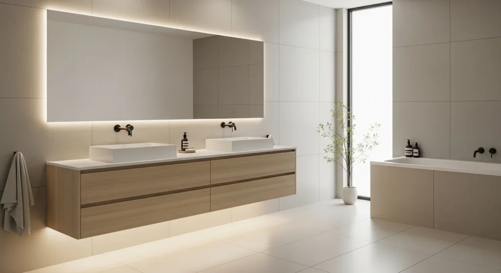 modern bathroom with floating vanity and under cabinet lighting for spacious look