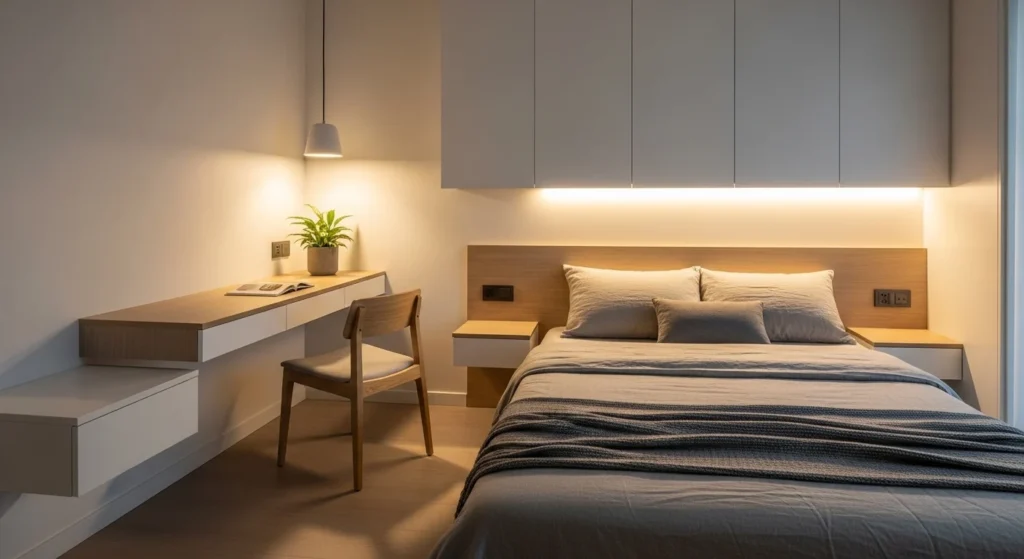 modern small bedroom with floating nightstands and wall mounted furniture saving floor space