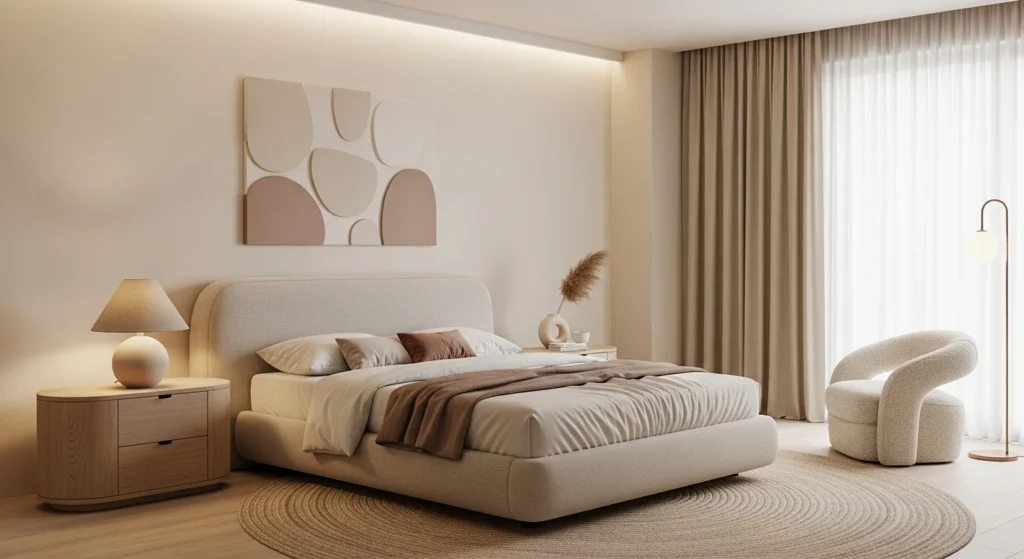 Neutral bedroom featuring curved furniture and soft organic shapes for a modern calm interior.