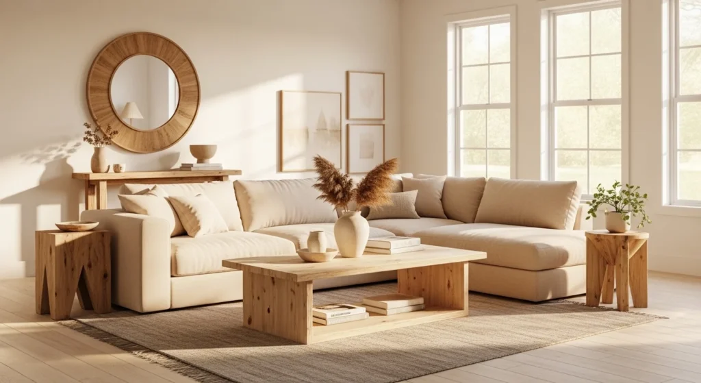 Modern white living room styled with warm natural wood furniture and organic decor