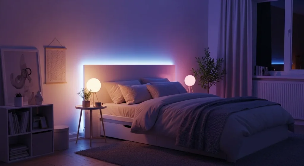 modern girls bedroom with colorful LED lighting creating trendy aesthetic vibe