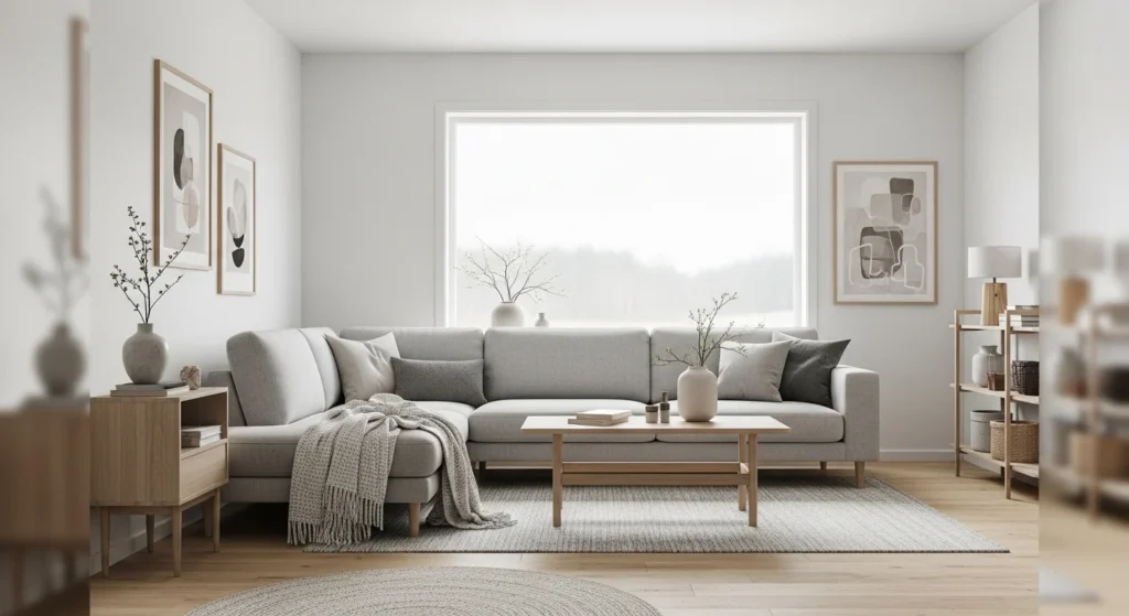 Scandinavian living room with light gray sofa and cozy minimalist décor.