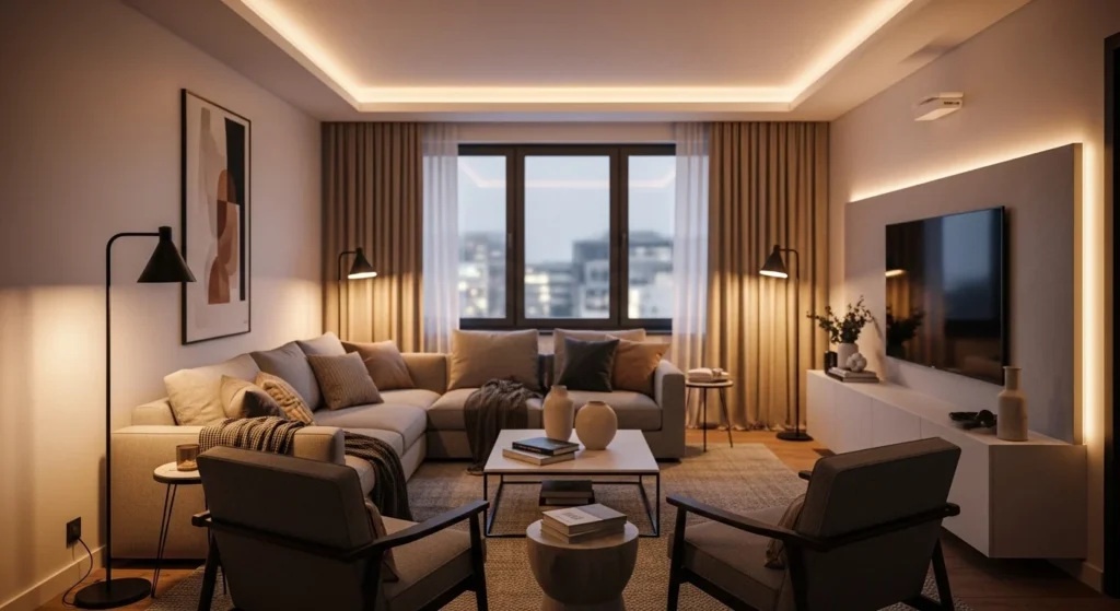 Modern apartment living room illuminated with warm ambient lighting creating cozy atmosphere