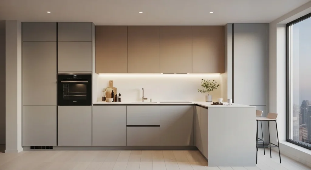 Minimal small kitchen with sleek handleless cabinets creating a seamless appearance