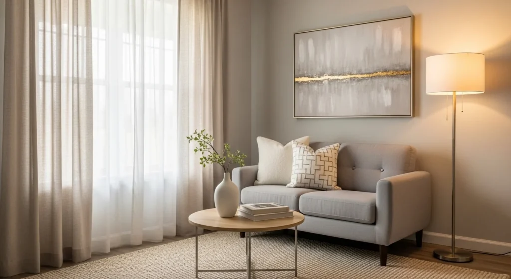 Compact living room with tall curtains creating the illusion of higher ceilings