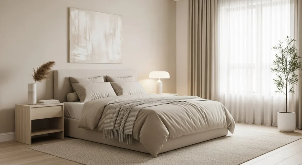 Beige minimalist bedroom with simple furniture, soft ambient lighting, and a calming feel