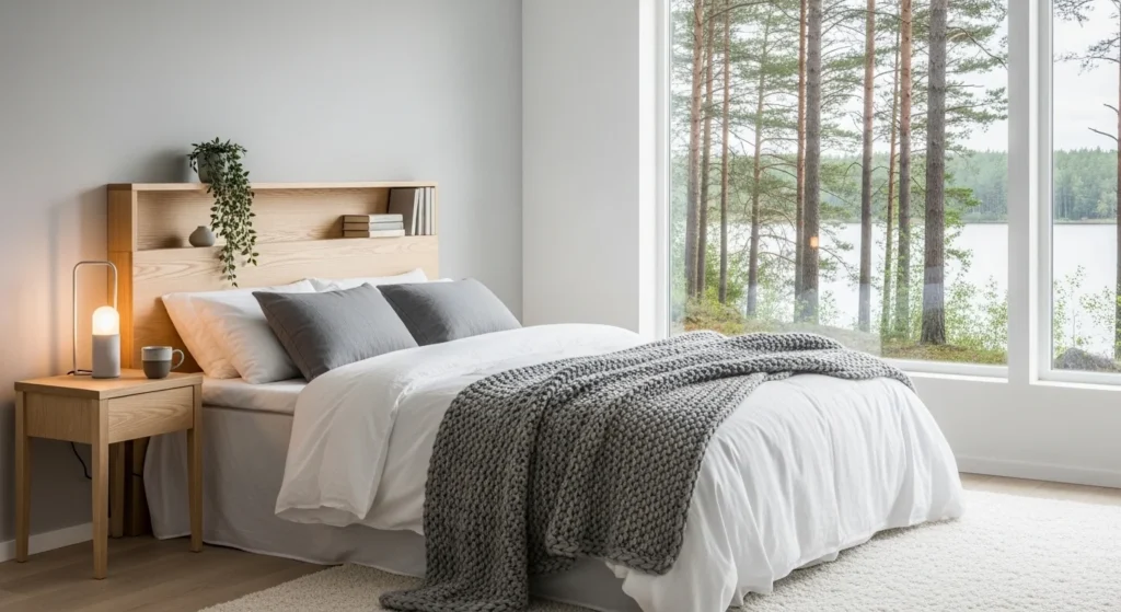 Bright Scandinavian guest bedroom with light wood furniture and airy decor