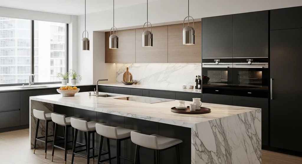 Modern kitchen with large waterfall island and seating area designed as a social centerpiece.