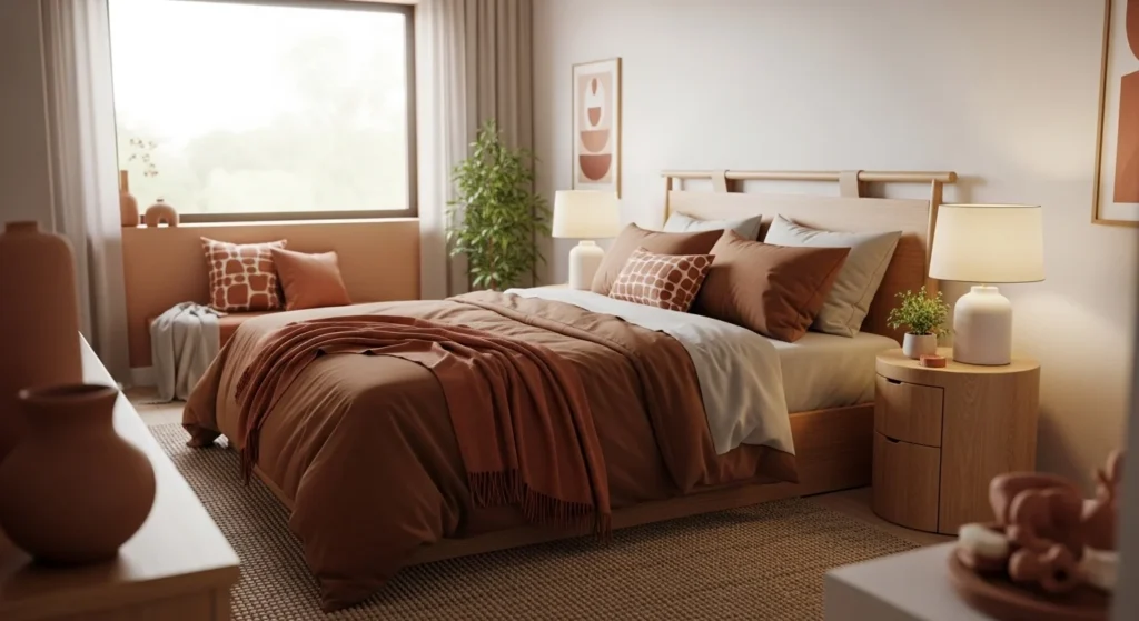 Cozy bedroom styled with earthy colors like terracotta and warm brown tones creating a relaxing atmosphere
