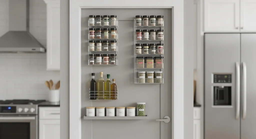 Pantry door fitted with spice racks and storage organizers for extra space