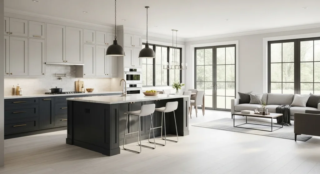 Open kitchen living room featuring two-tone cabinets creating visual contrast in a modern interior