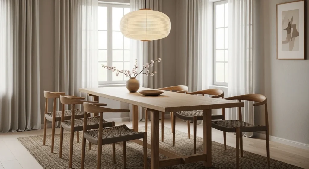 Japandi dining room combining Japanese simplicity with Scandinavian warmth