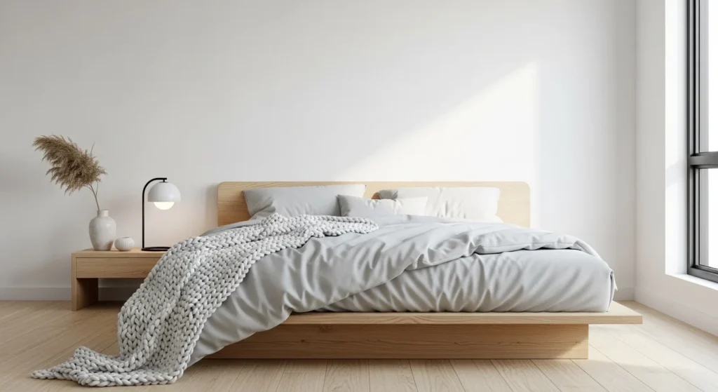 Scandinavian minimalist bedroom with light colors, wood textures, and cozy modern decor