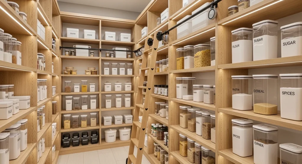 modern walk-in pantry with full height shelving for maximum storage
