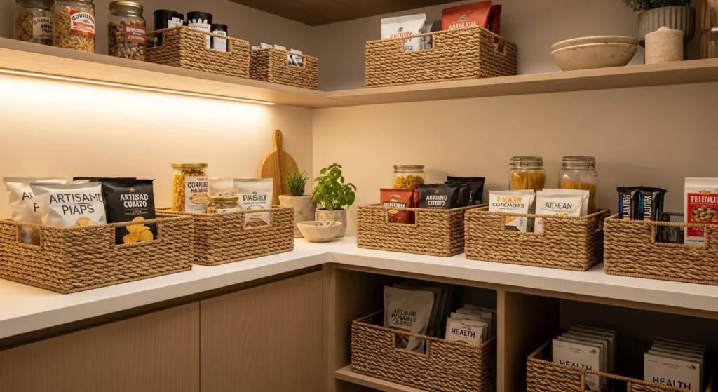 Pantry shelves styled with woven baskets organizing snacks and packaged foods.