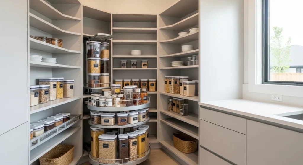 Smart corner pantry shelving maximizing unused kitchen space efficiently