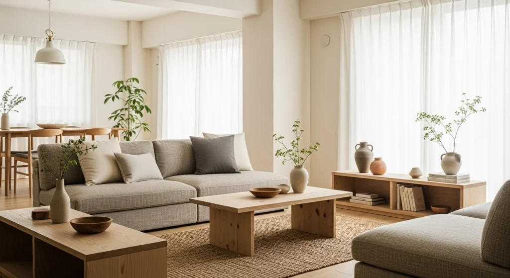 Japandi apartment living room with low seating, light wood furniture, and calm neutral tones