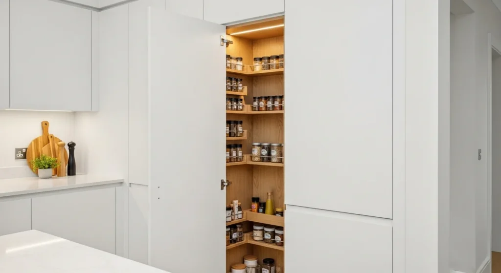 Small pantry hidden inside kitchen cabinets with seamless modern design