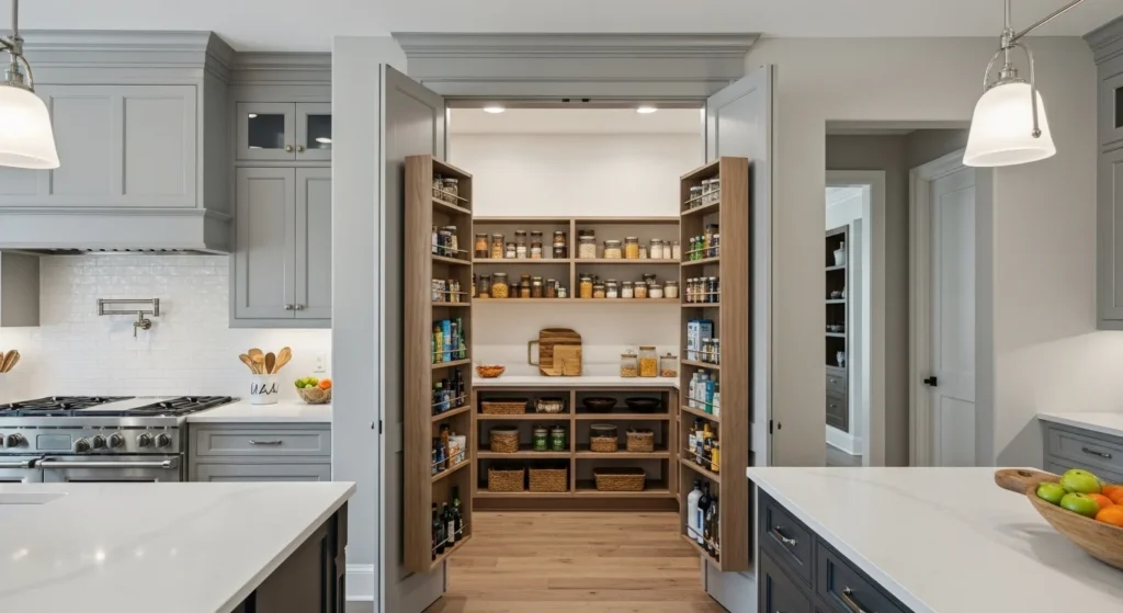 Modern kitchen pantry hidden behind pocket doors that disappear into the wall when opened.