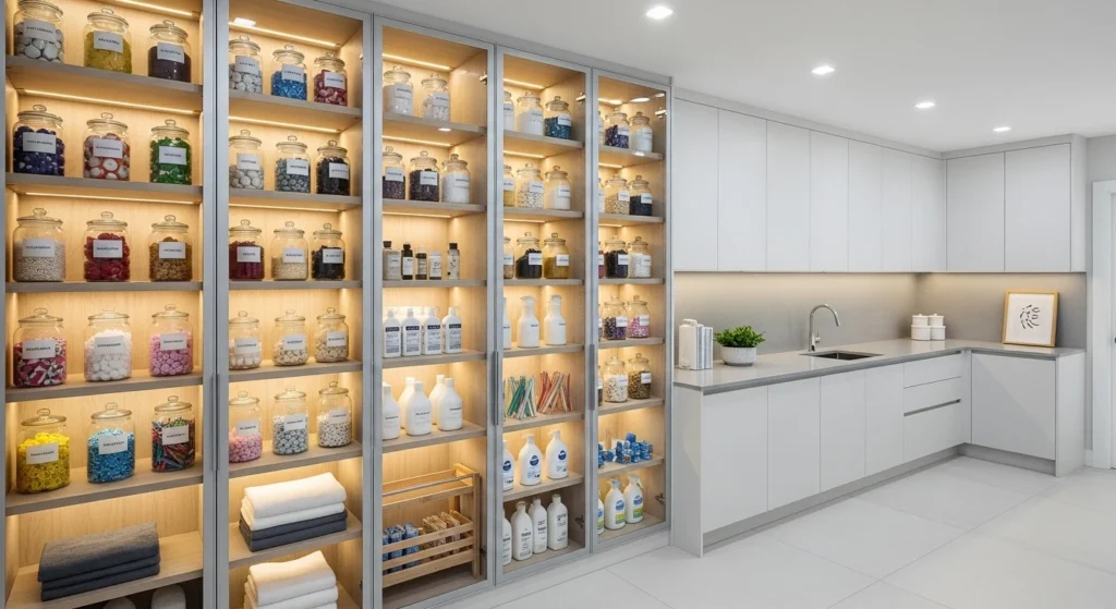 Laundry room pantry cabinets with glass doors displaying organized containers