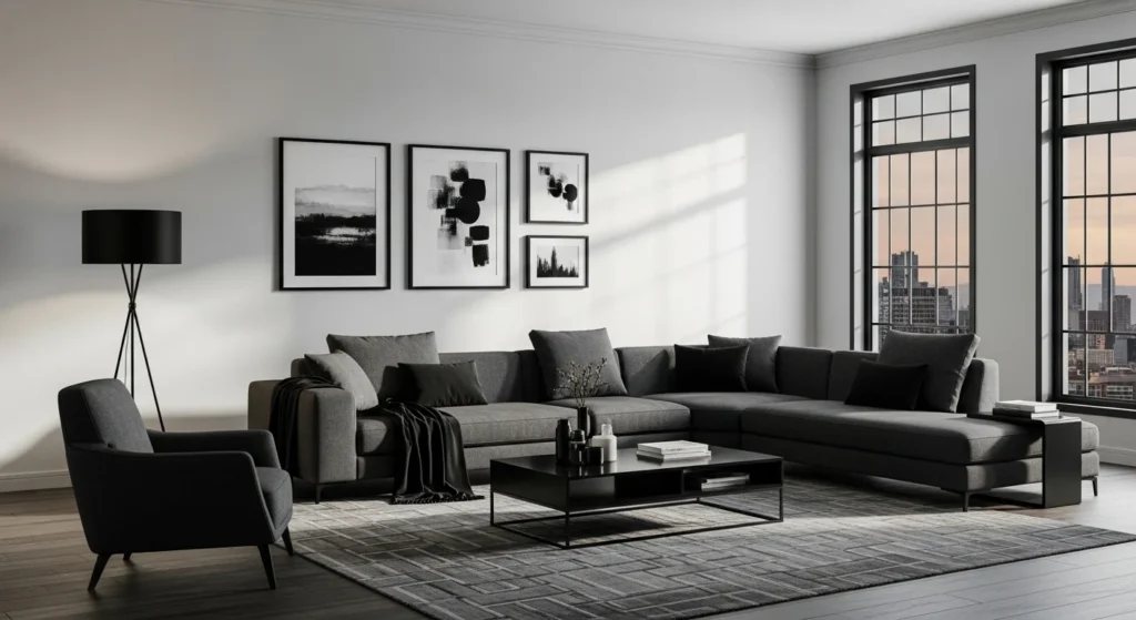 Modern gray living room with black accent decor creating a clean high-contrast look
