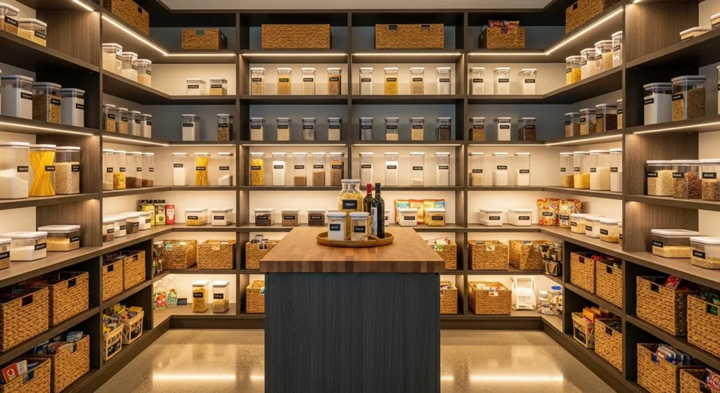 Walk-in pantry with labeled containers and baskets for easy everyday organization