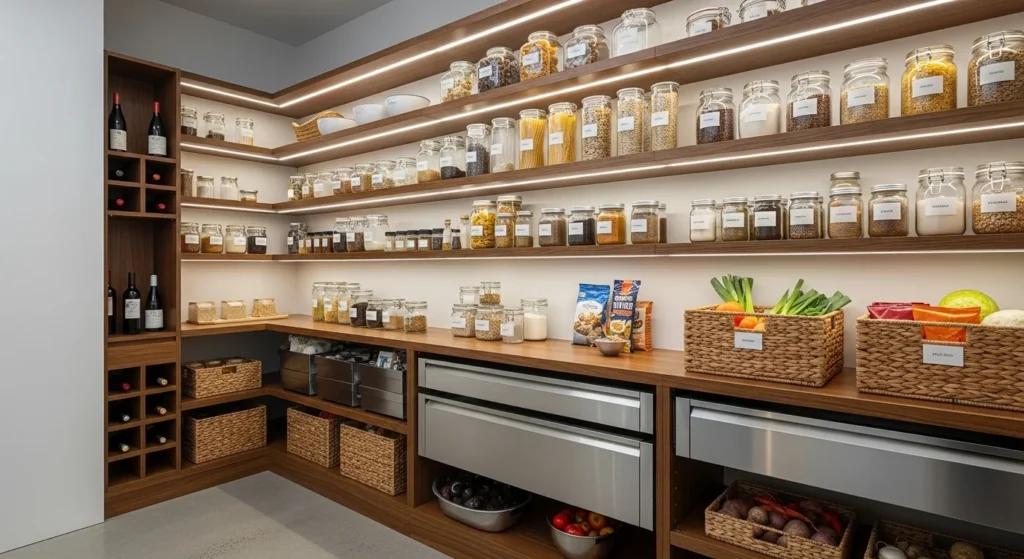 Pantry with adjustable shelves allowing flexible storage for different item sizes
