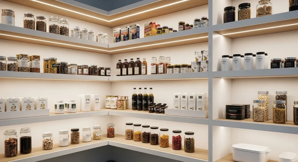 Kitchen food pantry with integrated LED lighting making shelves bright and easy to access