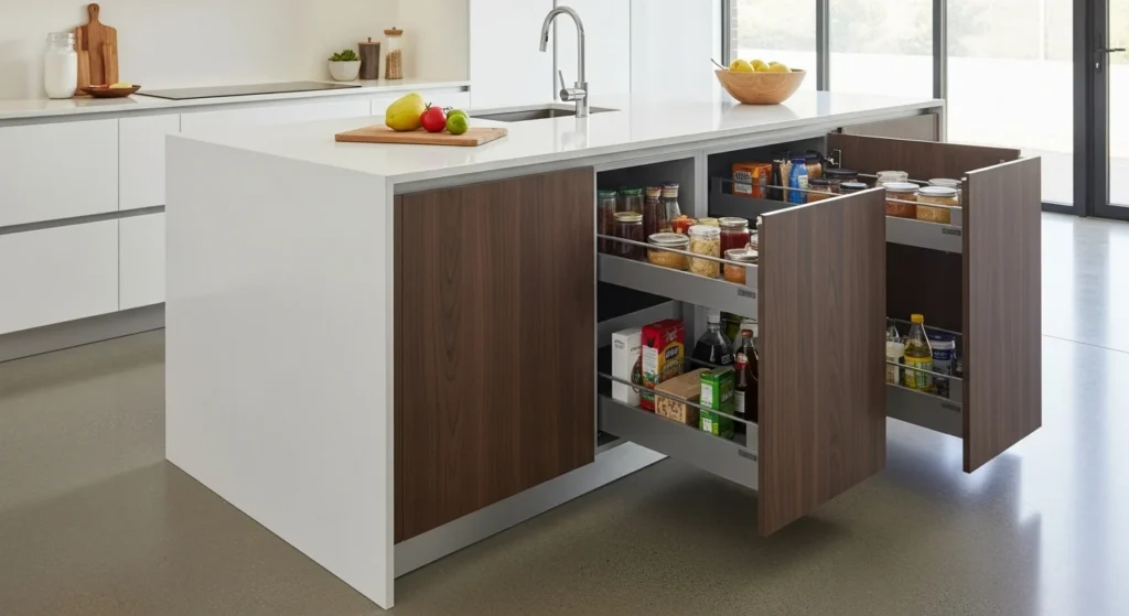 Kitchen island featuring hidden pantry storage inside for efficient space use