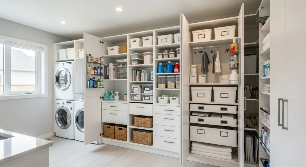 Laundry room with floor-to-ceiling pantry shelves maximizing vertical storage