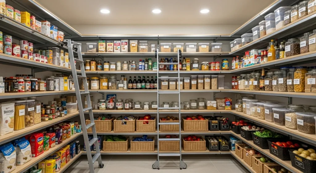 Food pantry with adjustable shelving allowing flexible storage for different items