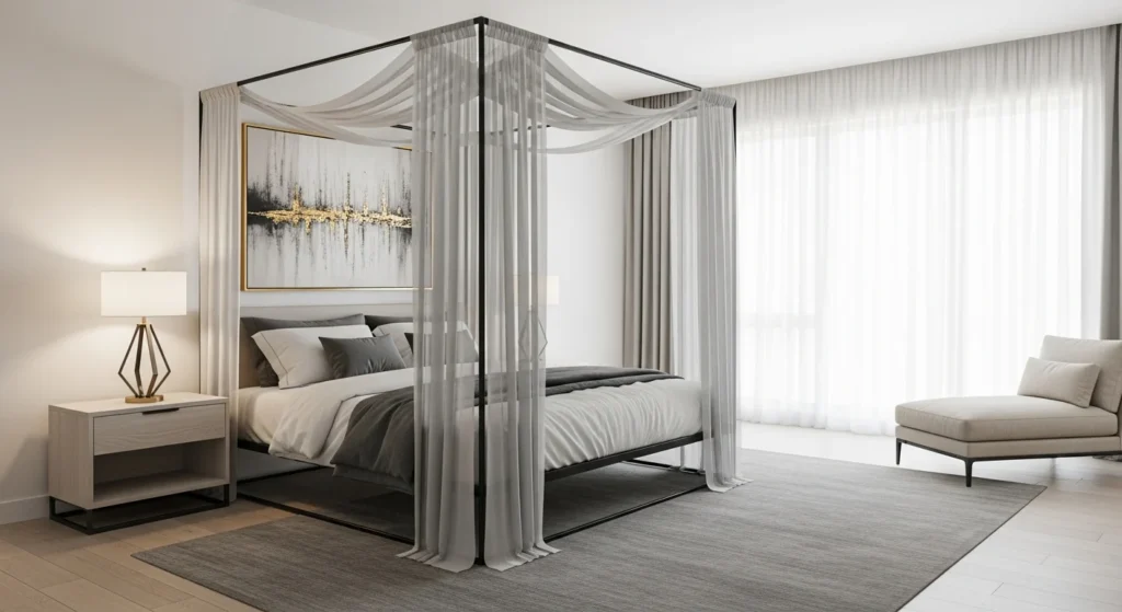 Contemporary canopy bed with a slim frame adding elegance to a modern bedroom