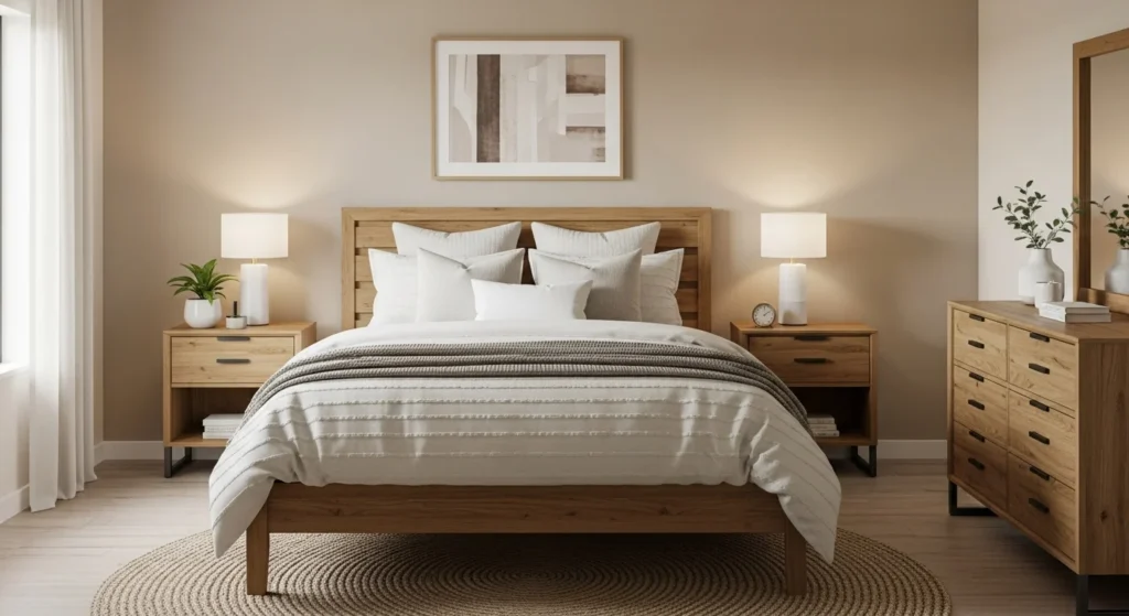 Guest bedroom design with natural wood furniture creating a warm and modern interior