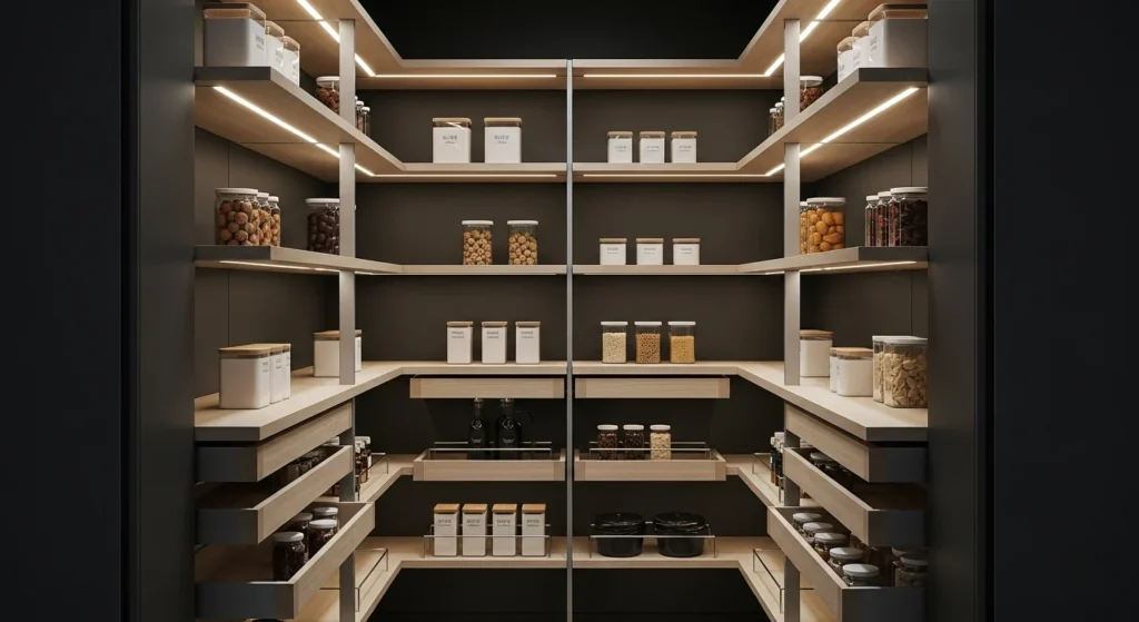 Narrow walk-in pantry with integrated LED lighting for better visibility and modern design