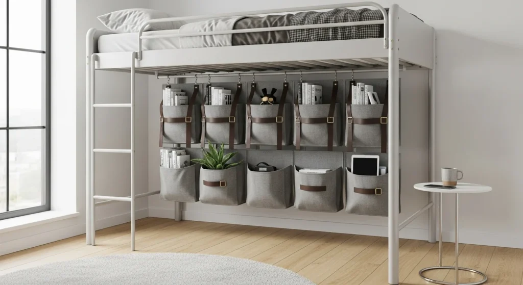 Loft bed with hanging storage pockets underneath, modern small bedroom design 2026