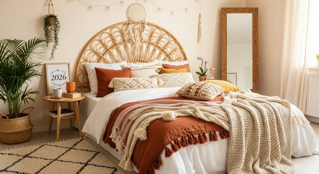Boho chic bed with textured fabrics, layered throws and pillows, eclectic 2026 bedroom